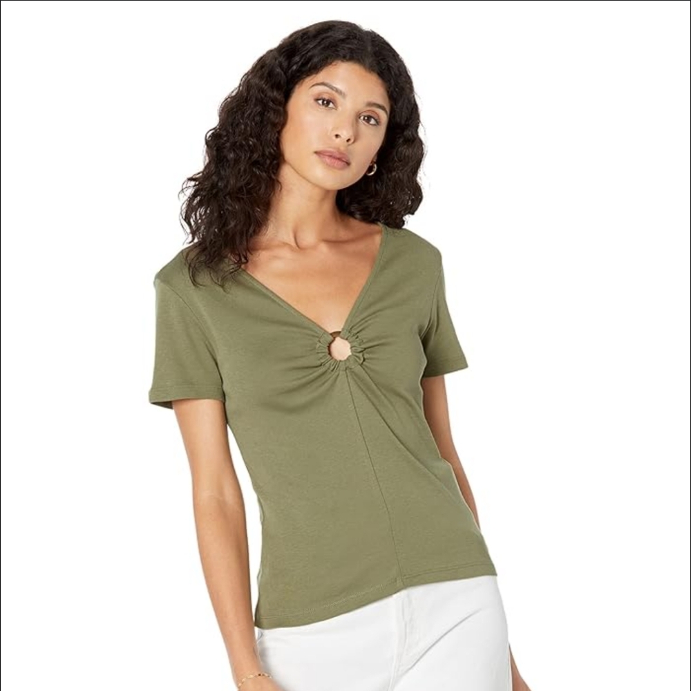 MNG | By Mango Women's Olive Green Ring V-Neck Fitted T-Shirt NWOT